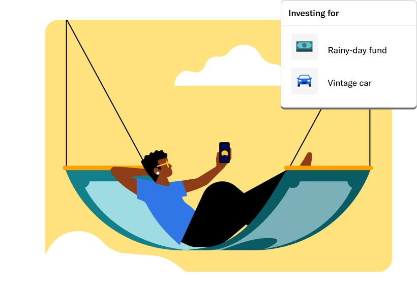 A person on a cash hammock looking at a phone with a card that says investing for rainy-day fund and vintage car.