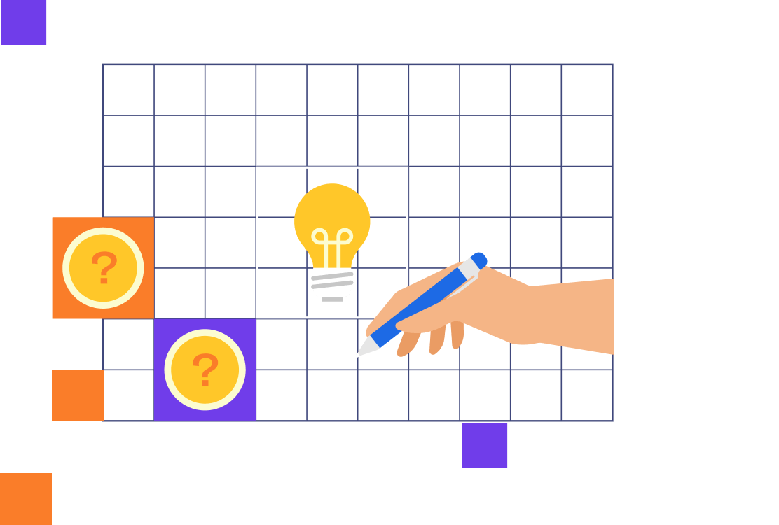 Hand holding a pen next to a light bulb and coins with question marks